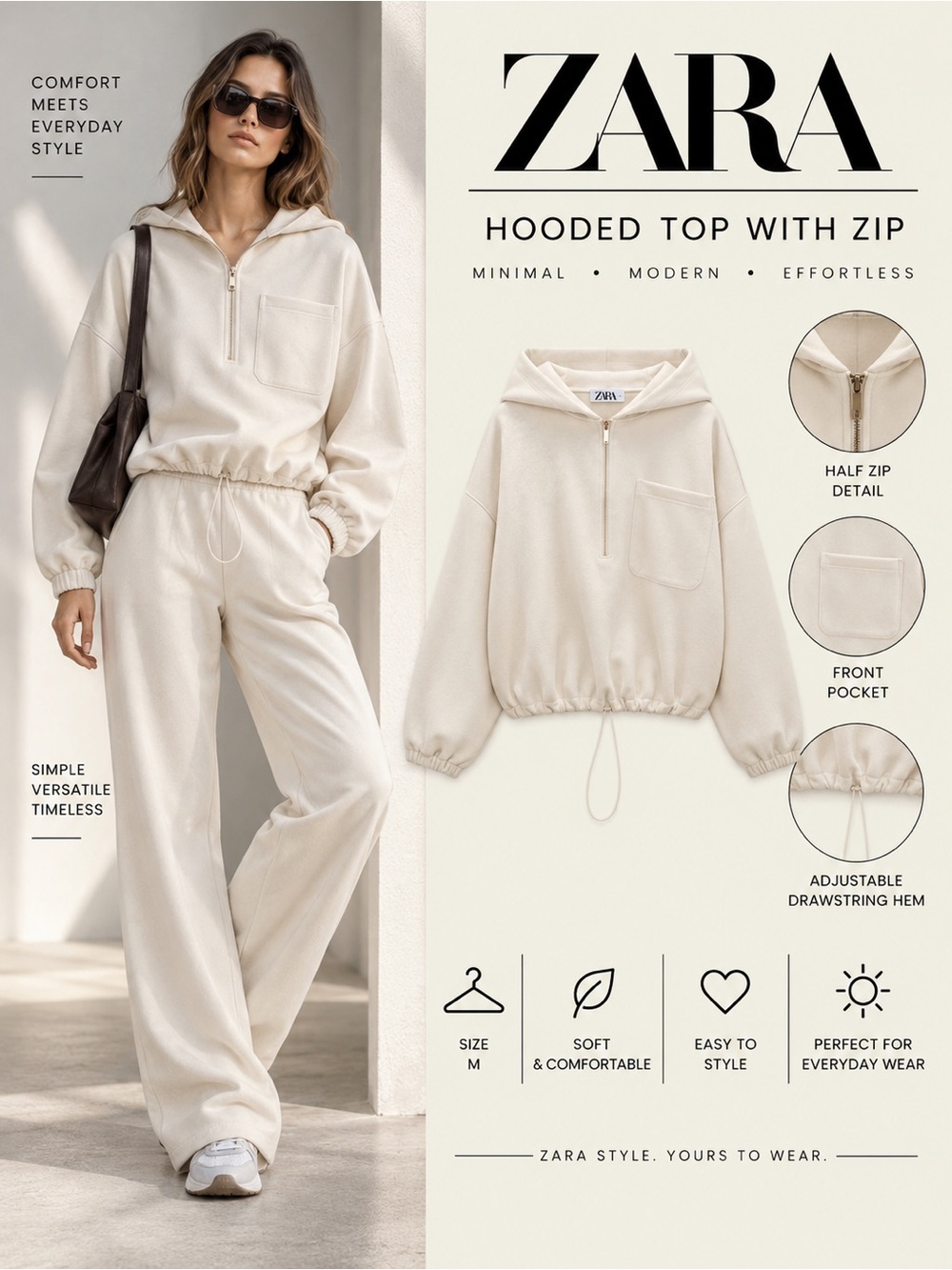 ZARA Ecru Oversized Hooded Half Zip Top Size M NWT 8741/257